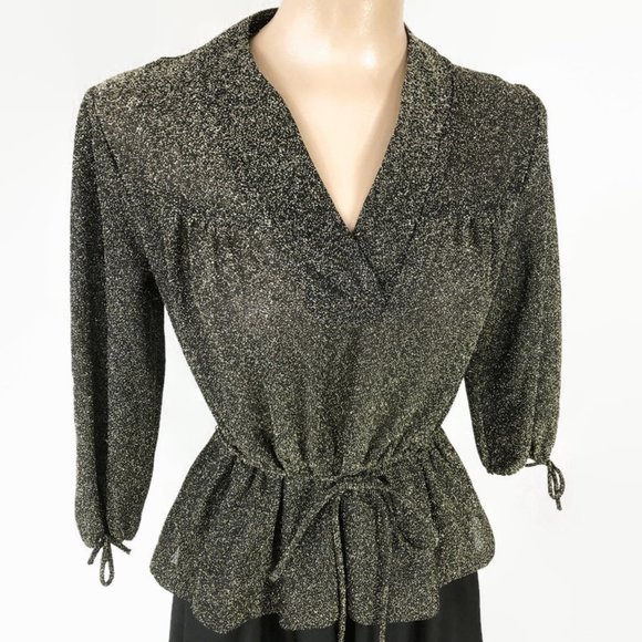 VINTAGE 1970s Metallic Gold Lurex Peplum Dress - Picture 7 of 9